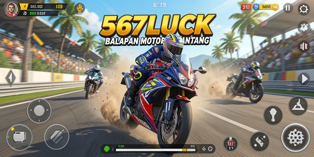 Screenshot gameplay 567LUCK yang mendebarkan dalam balapan motor.