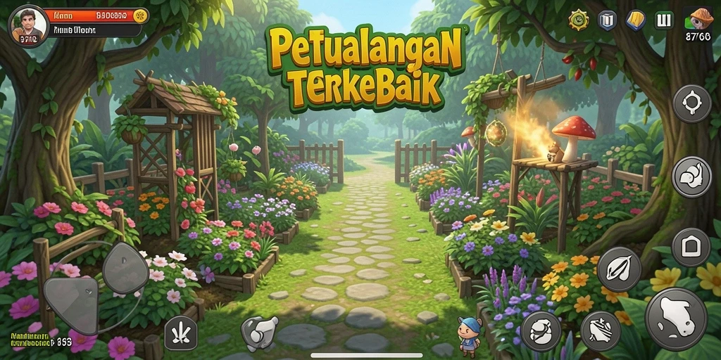 Screenshot gameplay yang menunjukkan berkebun dengan berbagai tanaman.