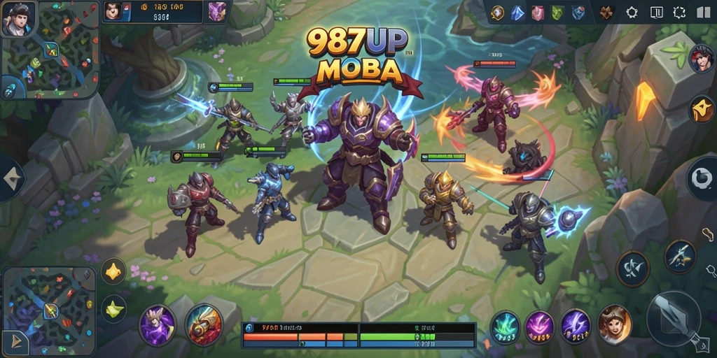 Screenshot 987UP menampilkan pertarungan seru di arena MOBA.