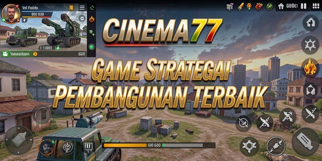 Tampilan gameplay CINEMA77 dengan grafis kota yang menawan.
