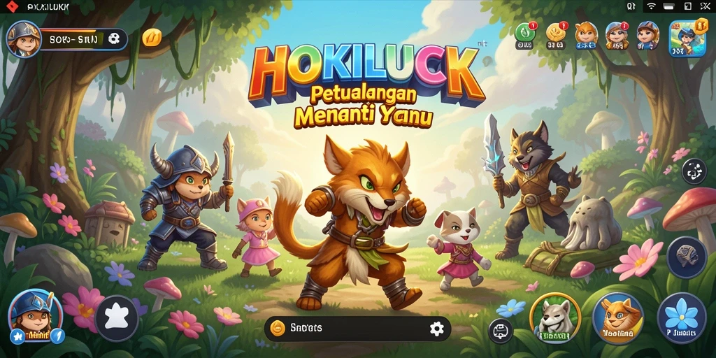Tampilan gameplay HOKILUCK dengan karakter menjelajahi dunia petualangan.