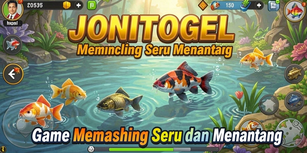 Screenshot gameplay JONITOGEL yang menampilkan aksi memancing di danau.