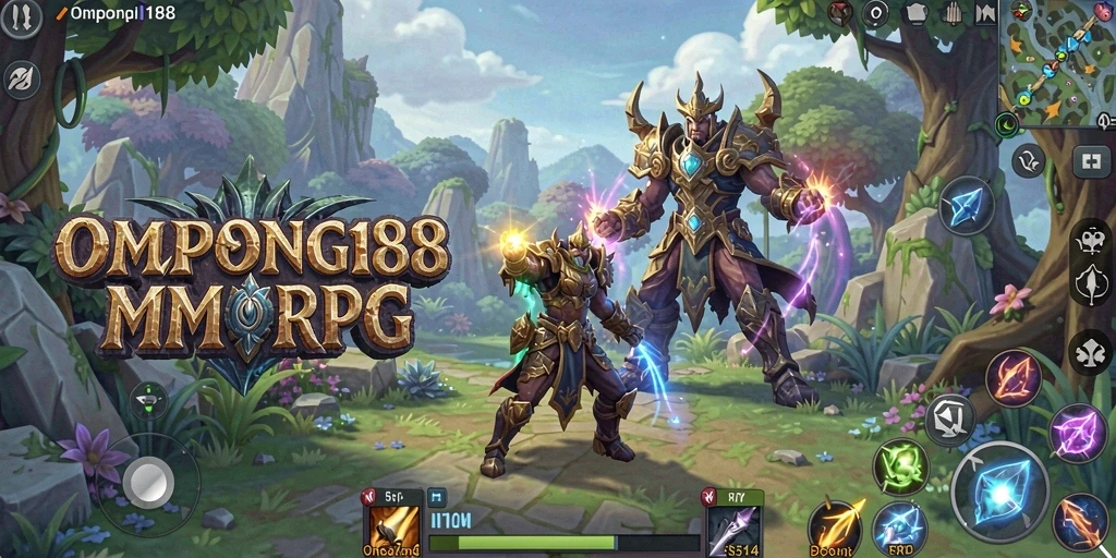 Screenshot utama OMPONG188 menampilkan aksi pertempuran epik di dunia MMORPG.