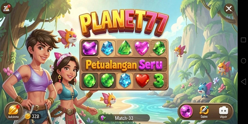 Tampilan gameplay PLANET77 yang seru saat mencocokkan permata.