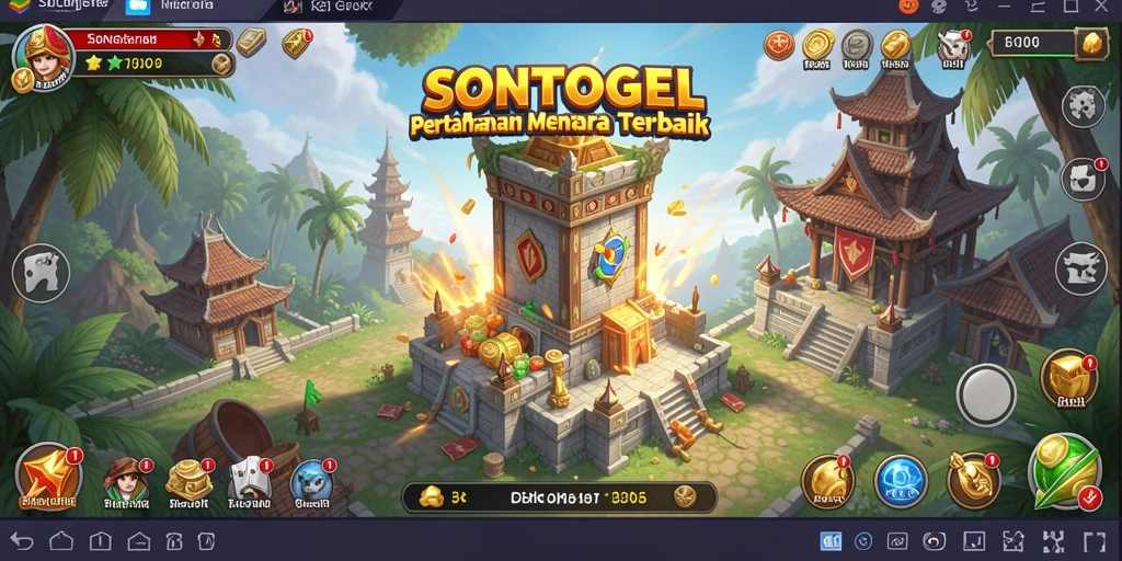 Screenshot permainan SONTOGEL yang menampilkan pertahanan menara yang strategis.